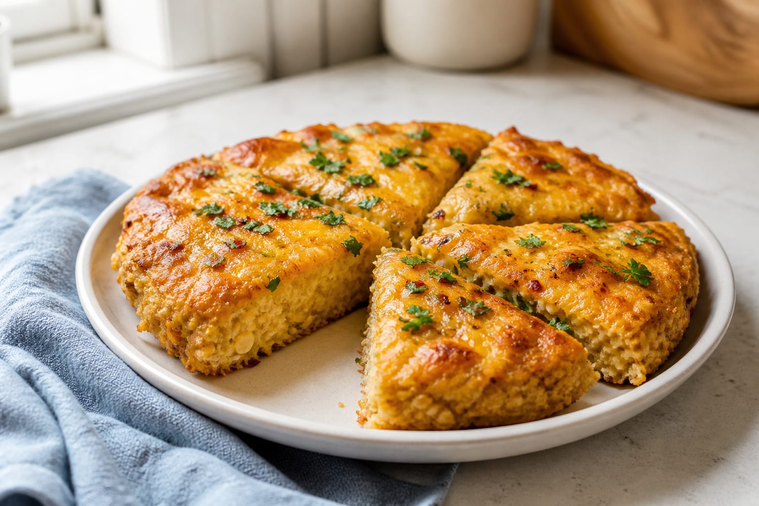 Savory air-fryer oat and mozzarella pancake served as a natural-light editorial food photograph