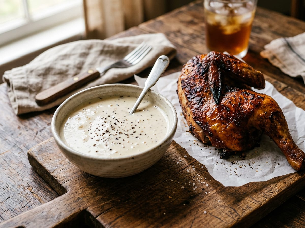 A bowl of pale ivory barbecue sauce flecked heavily with coarse black pepper, beside a smoked chicken half on a board