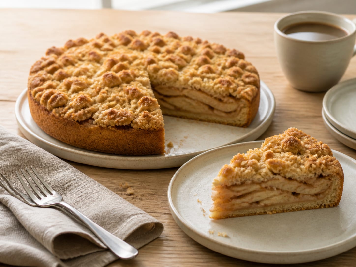 Apfelkuchen mit Streuseln, plated for serving