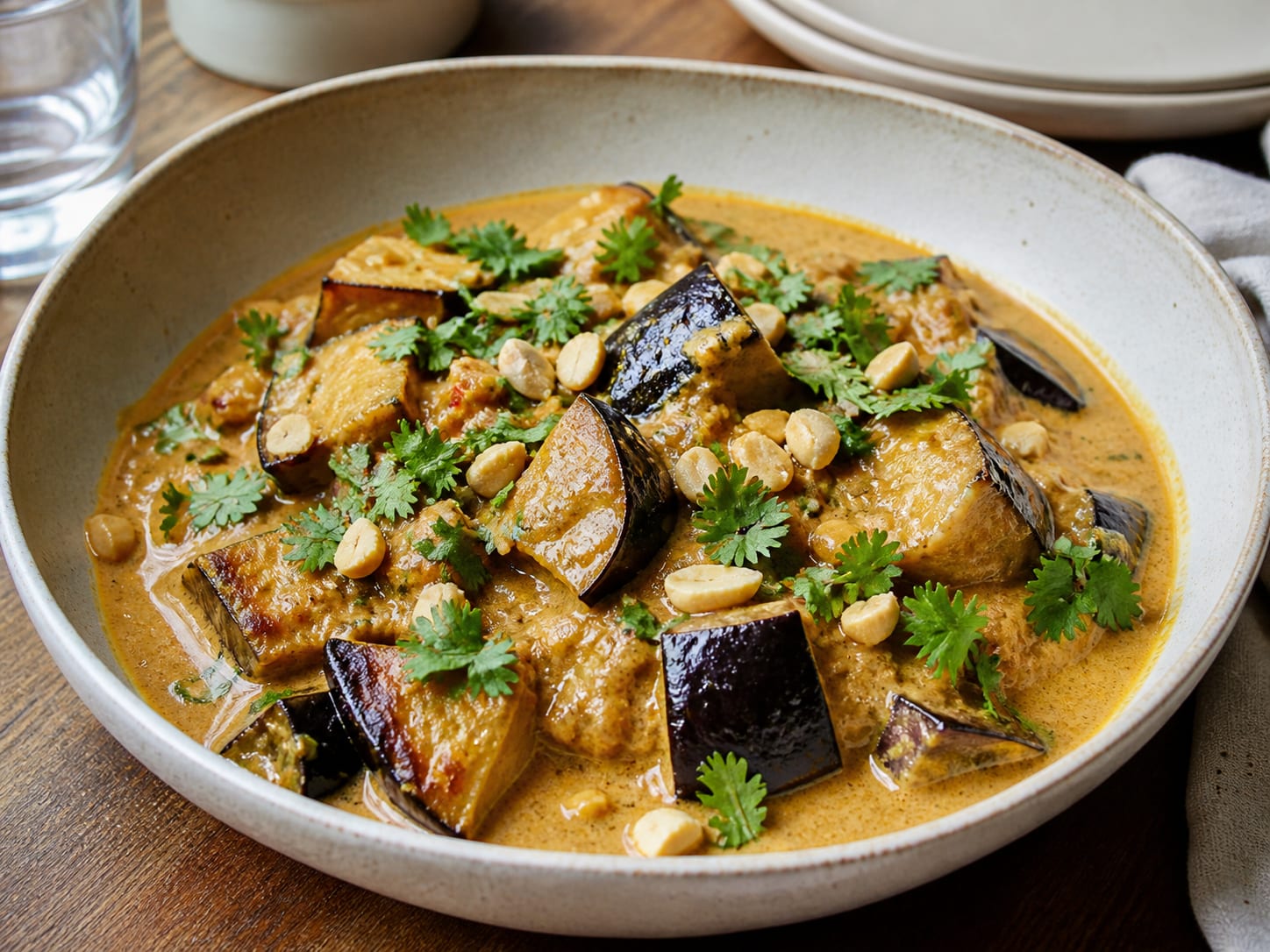 Auberginen-Kokos-Erdnuss-Curry, plated for serving
