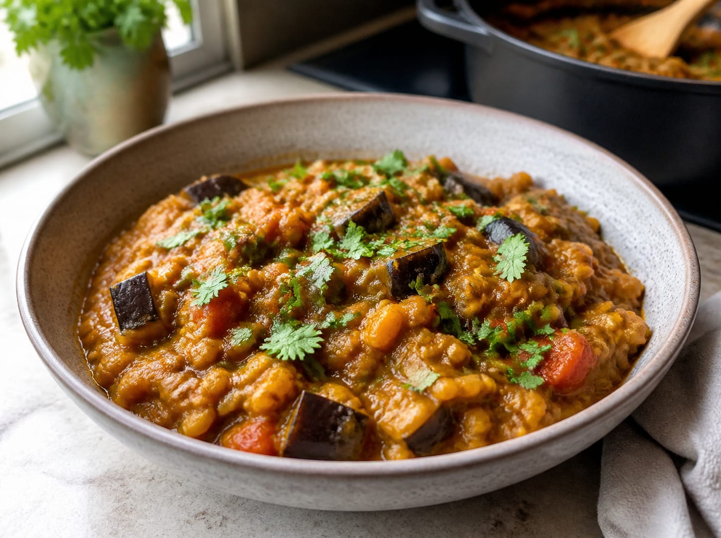 Auberginen-Linsen-Curry, plated for serving