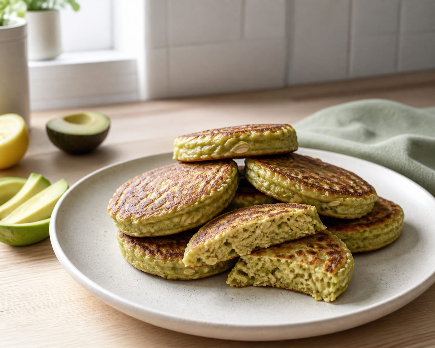 Avocado-oat breakfast pancakes served as a natural-light editorial food photograph