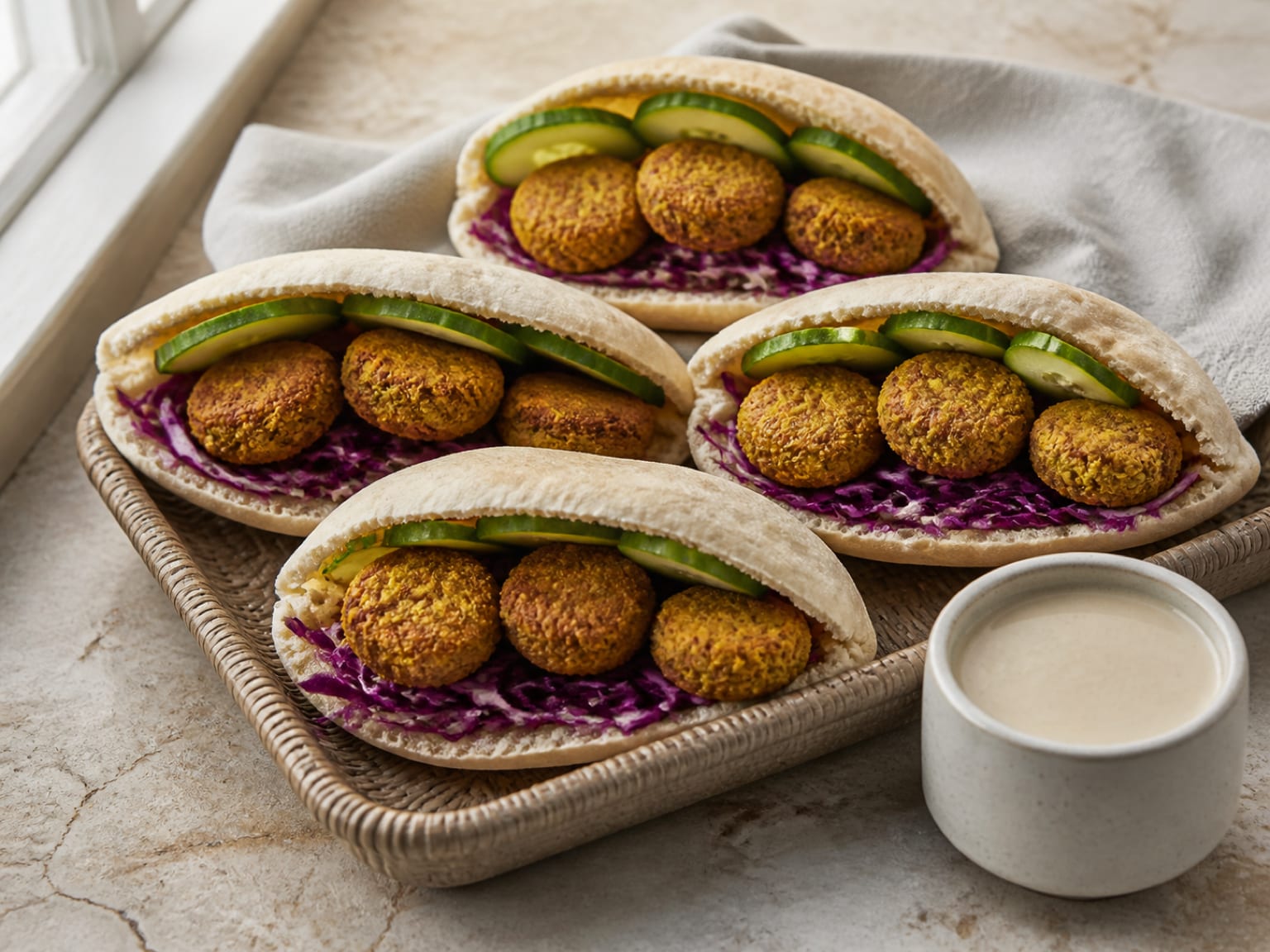 Four compact pita halves filled with small baked falafel, shredded red cabbage, cucumber, and lemon tahini served separately