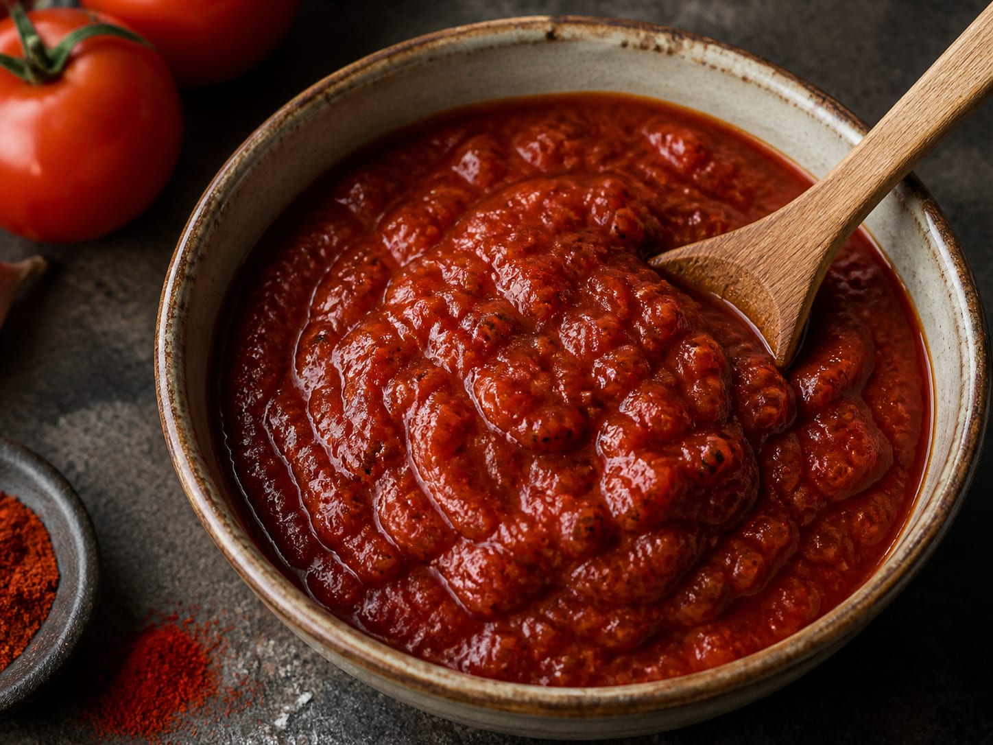 A spoonful of dark brick-red barbecue-tomato sauce holding its shape in a bowl