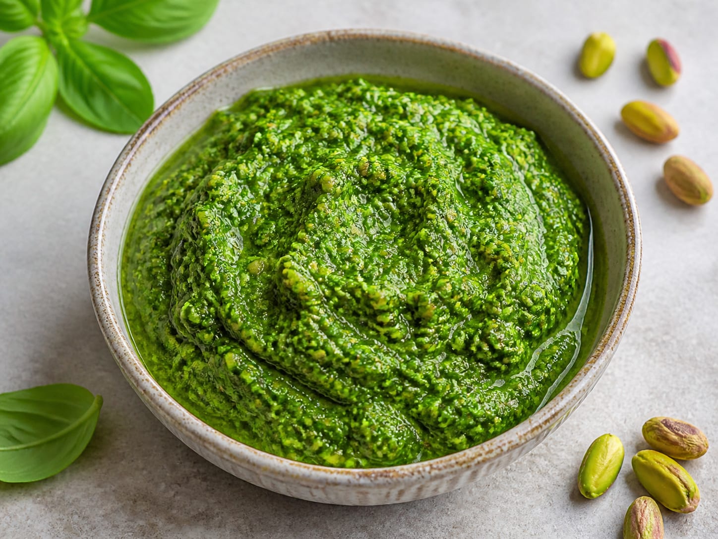 A bowl of vivid green basil and pistachio pesto with basil leaves and shelled pistachios