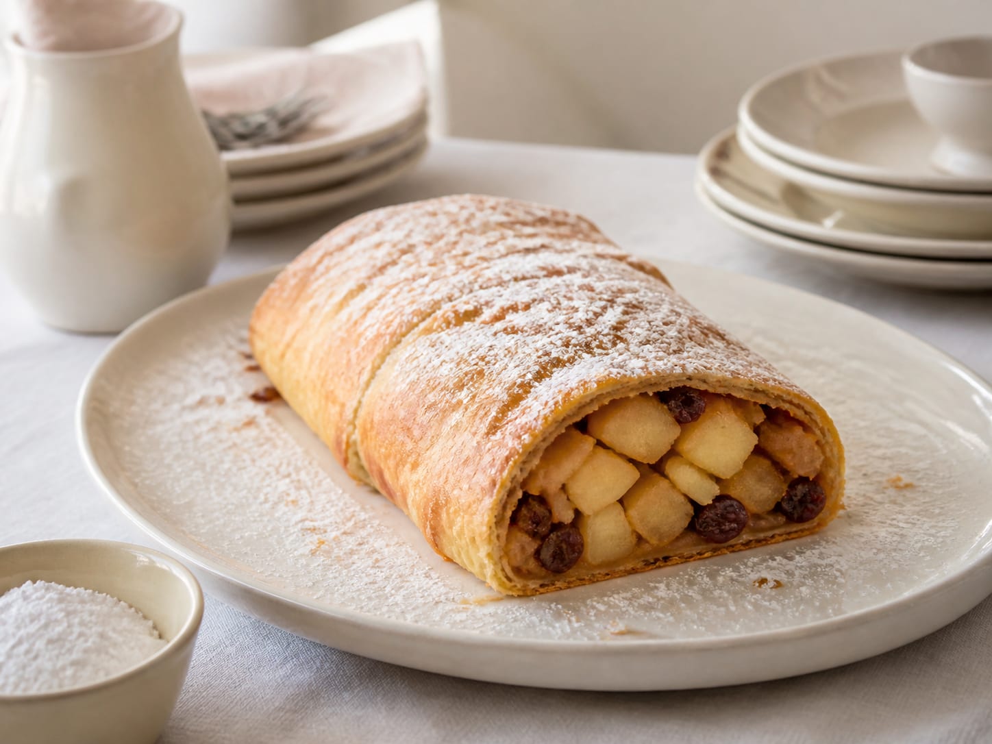 Birnen-Mürbeteig-Strudel, plated for serving