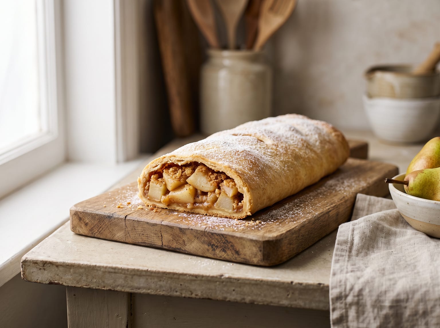 A baked pear shortcrust strudel sliced open to show the pear and breadcrumb filling