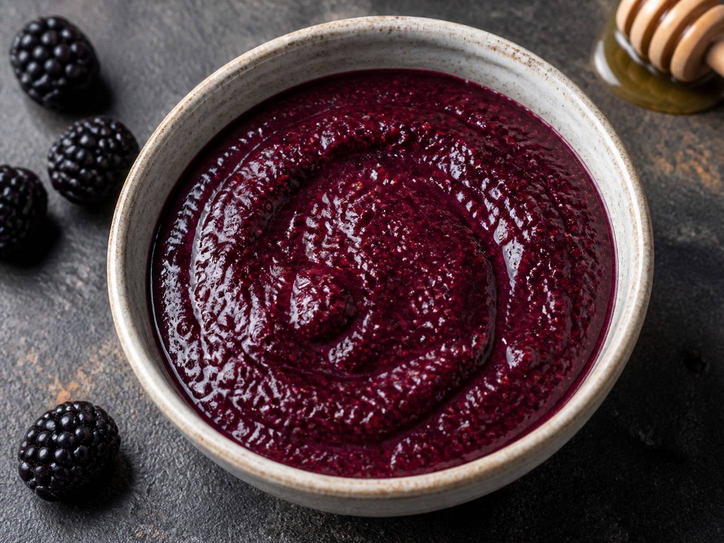 A spoon drawing a trail through glossy deep-purple blackberry sauce in a small pan