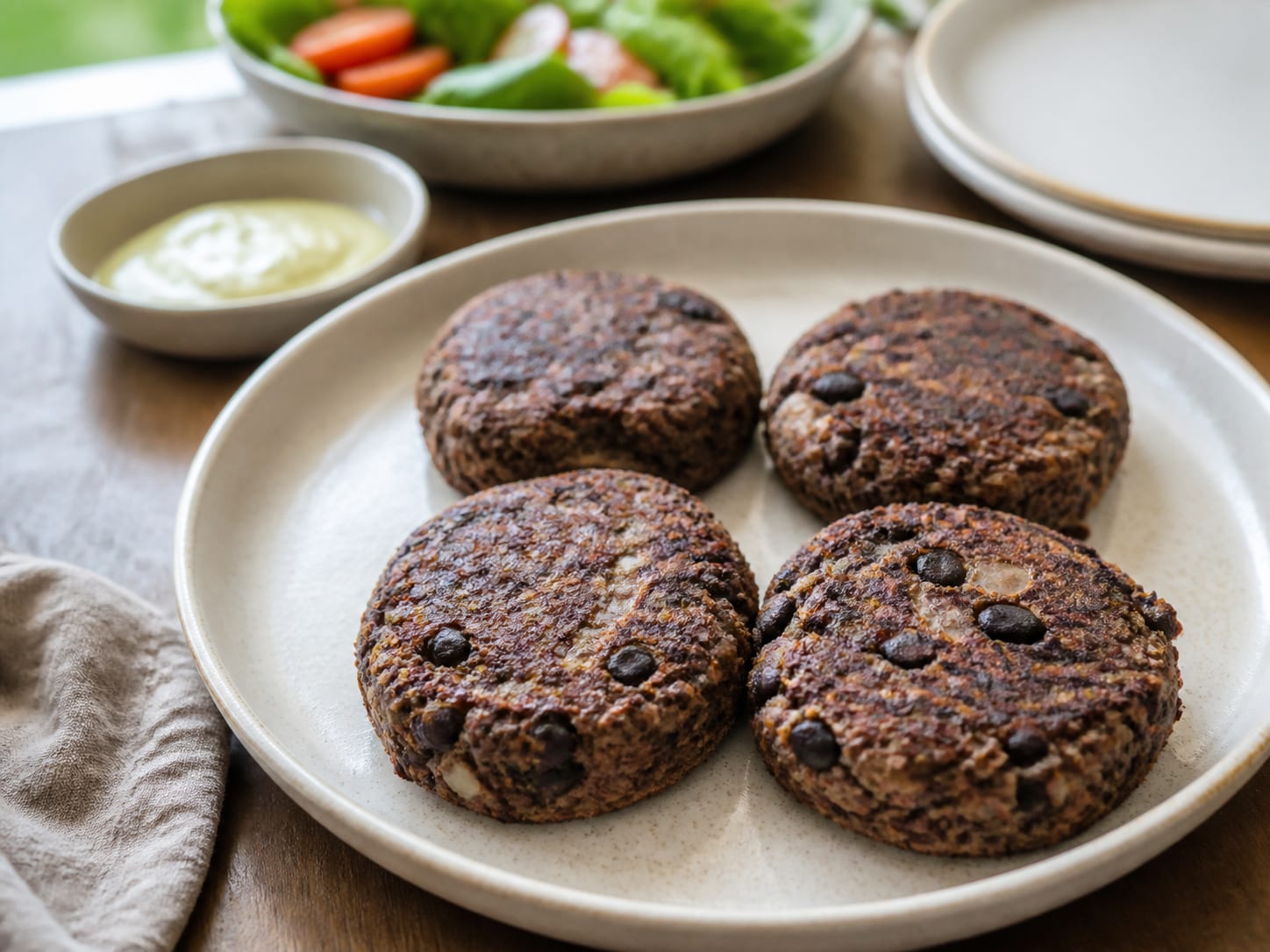 Bohnen-Burger (vegan), plated for serving