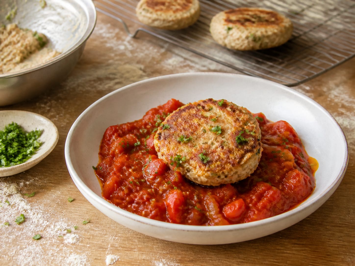 Bohnenlaibchen mit Paprikaragout (vegan), plated for serving