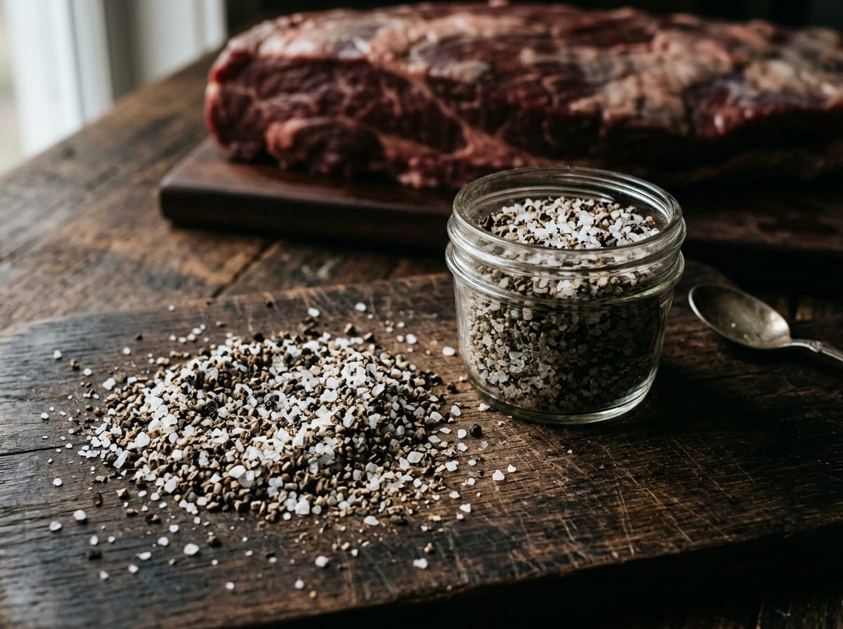 A small jar and a heap of coarse black pepper and coarse salt mixed in equal parts on a dark board, with a raw brisket edge visible behind