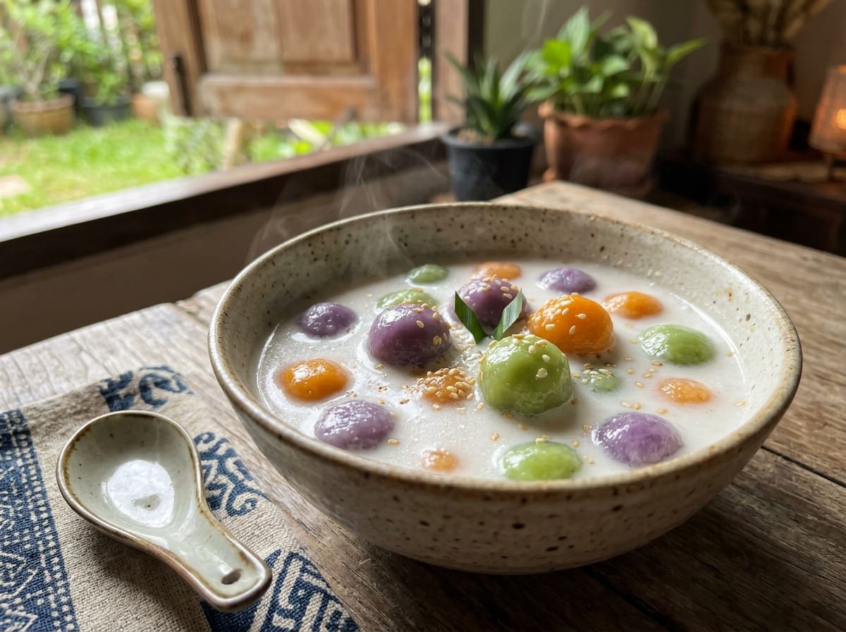 A bowl of small white Thai rice balls floating in warm coconut milk sauce, garnished with a knotted pandan leaf
