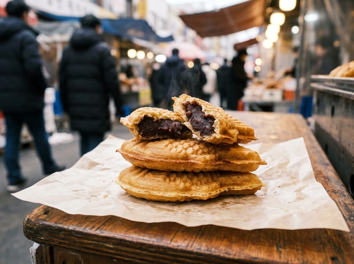 A row of golden-brown fish-shaped bungeoppang stacked in a paper cup, one broken open to show the steaming red bean paste inside