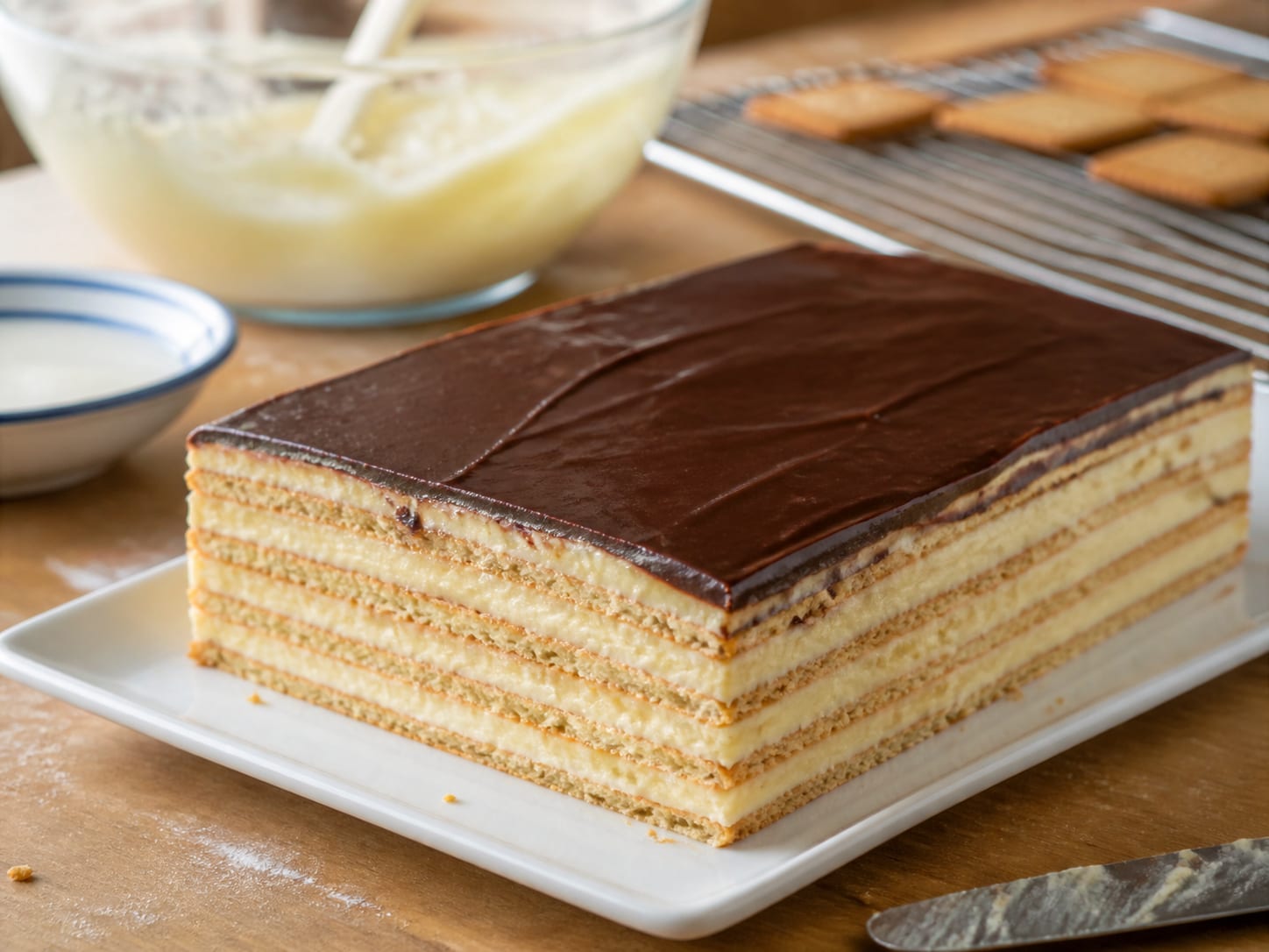 Butterkekskuchen mit Puddingfüllung, plated for serving