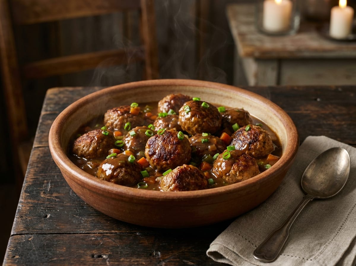 A rustic bowl of meatballs smothered in a dark roux gravy, garnished with sliced green onions