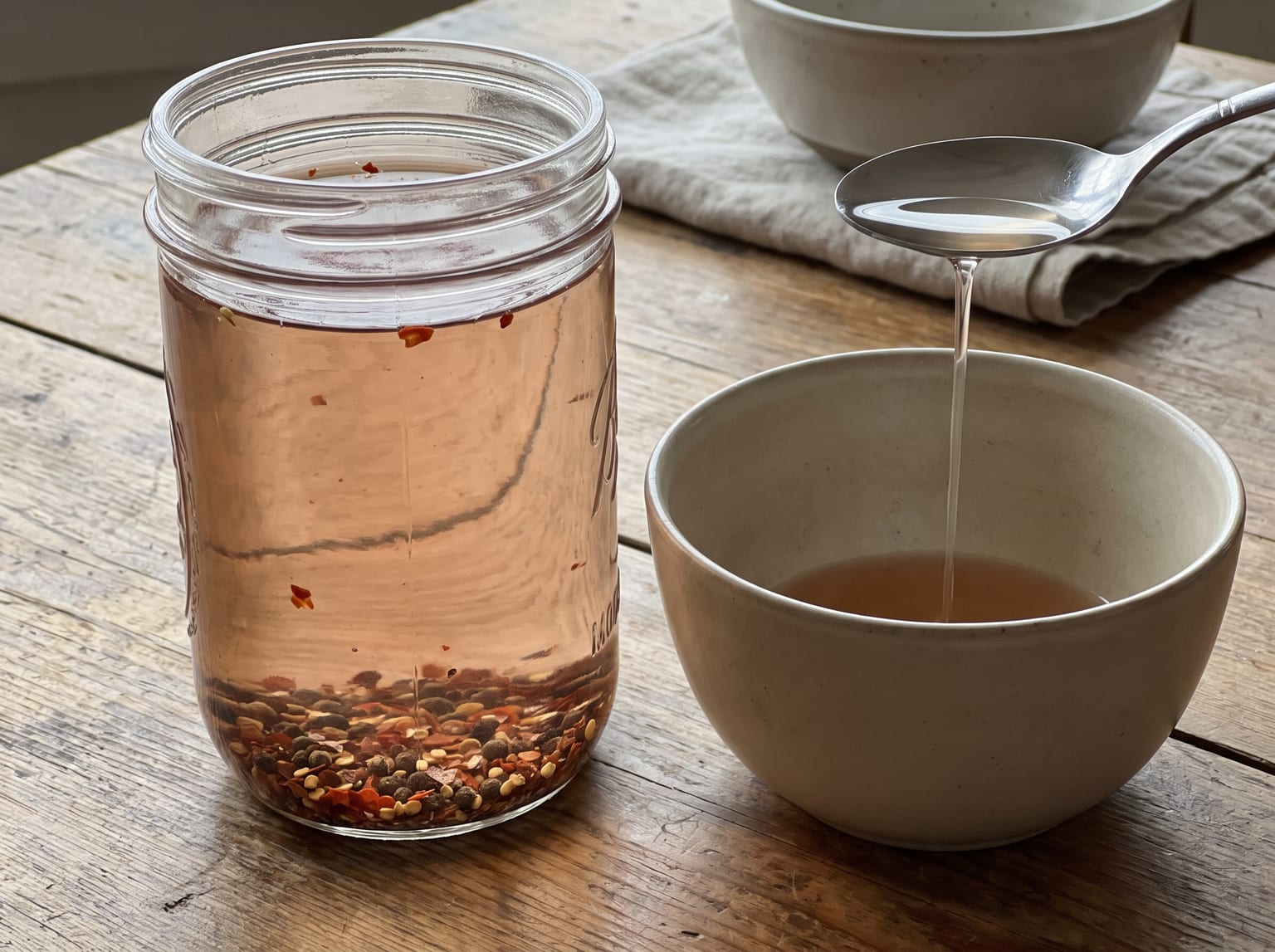A jar and bowl of thin dark red vinegar barbecue sauce with chilli flakes and coarse pepper suspended in it, clearly watery rather than thick