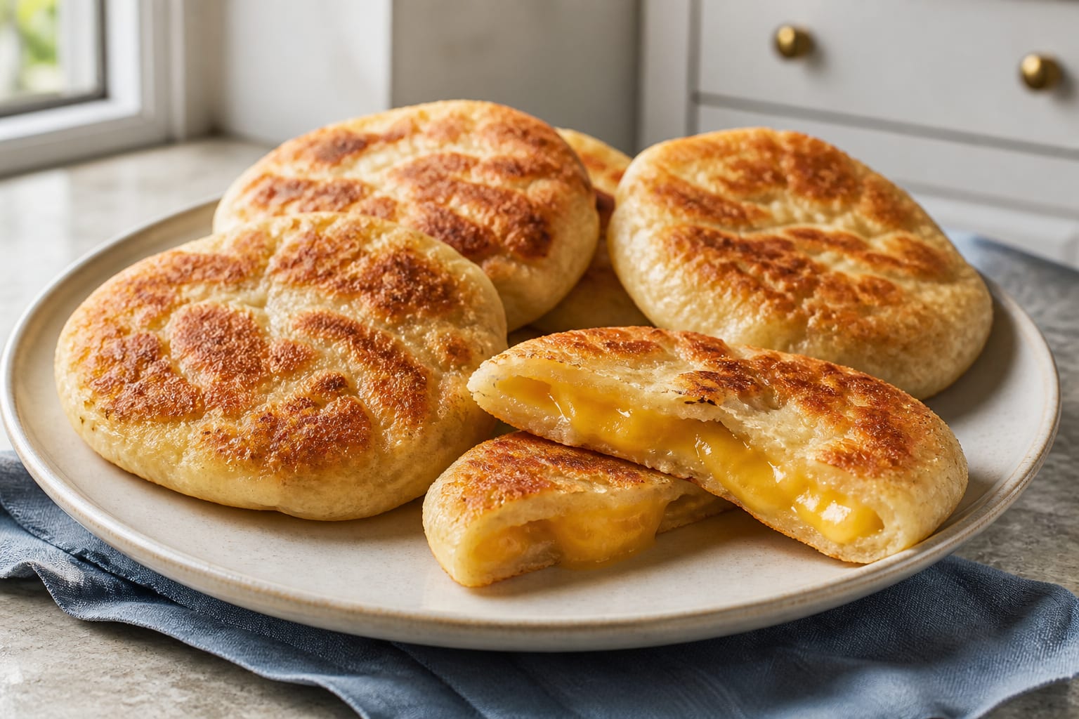 Cheddar and butter skillet cheese bread served as a natural-light editorial food photograph
