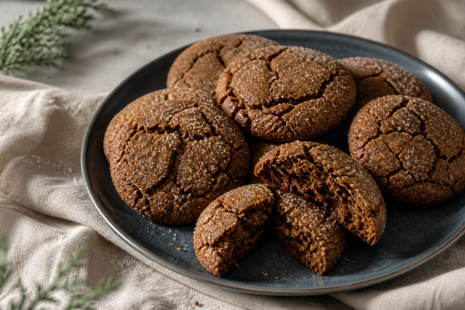 Soft chewy molasses cookies arranged for serving