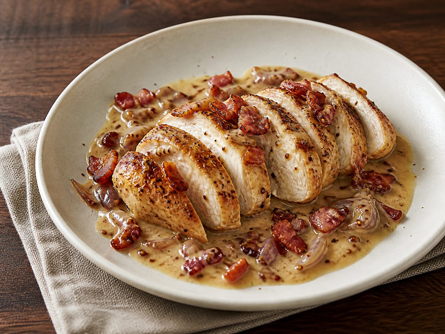 Crisp-skinned chicken breast sliced over a pale mustard bacon cream sauce with thyme