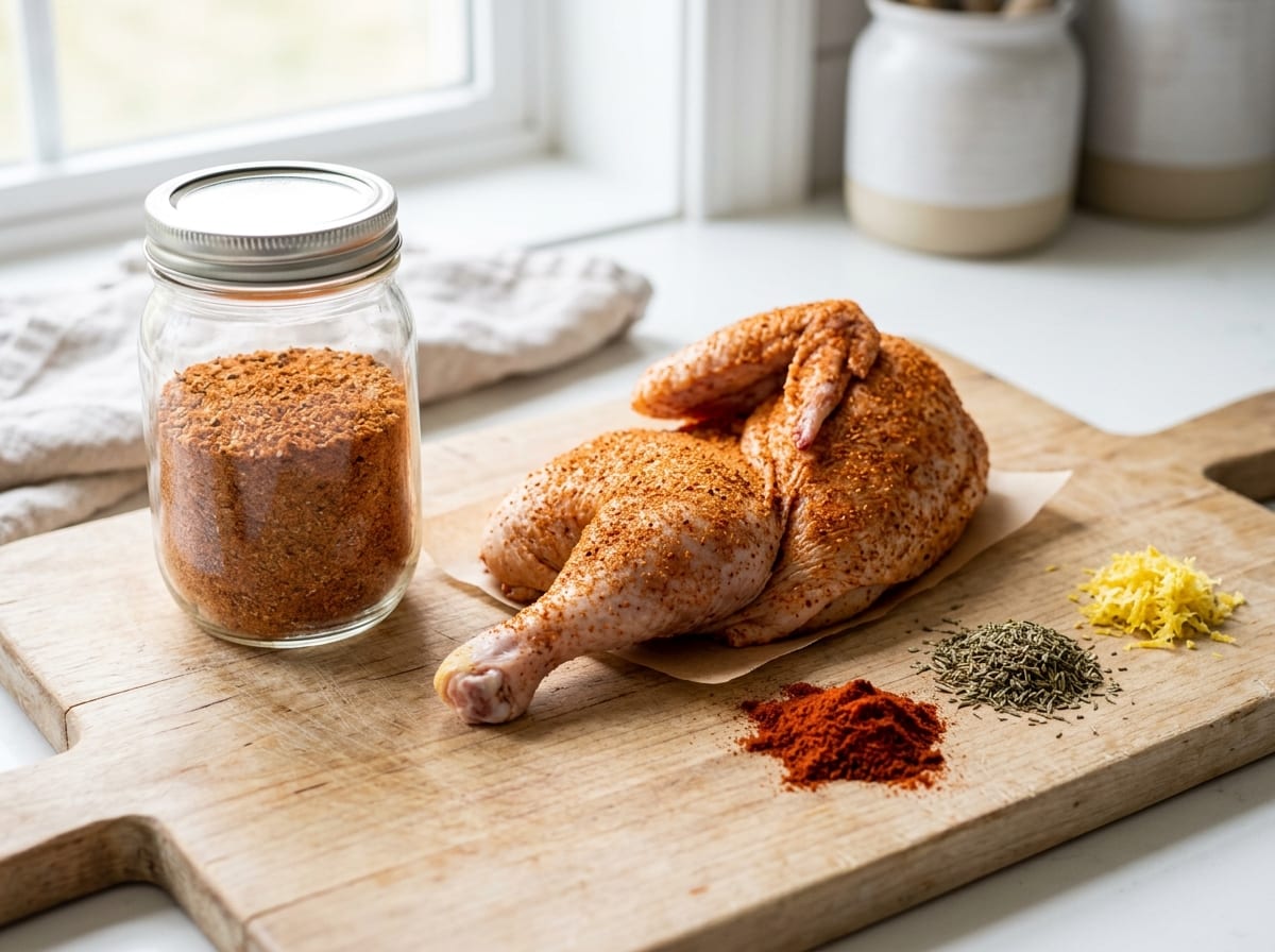 A jar of brick orange chicken rub beside a raw chicken half dusted evenly with it, with small heaps of paprika, thyme and lemon zest on a board