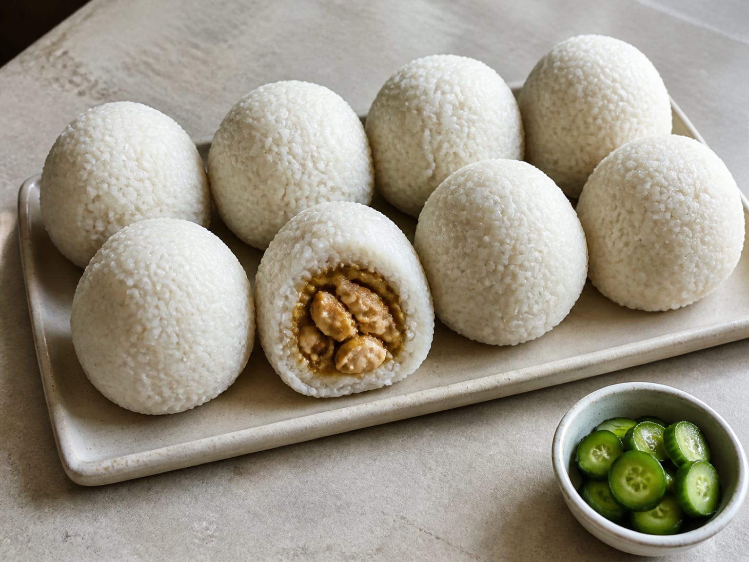Eight compact white rice balls with visible golden chicken satay centres and a small separate container of cucumber pickle