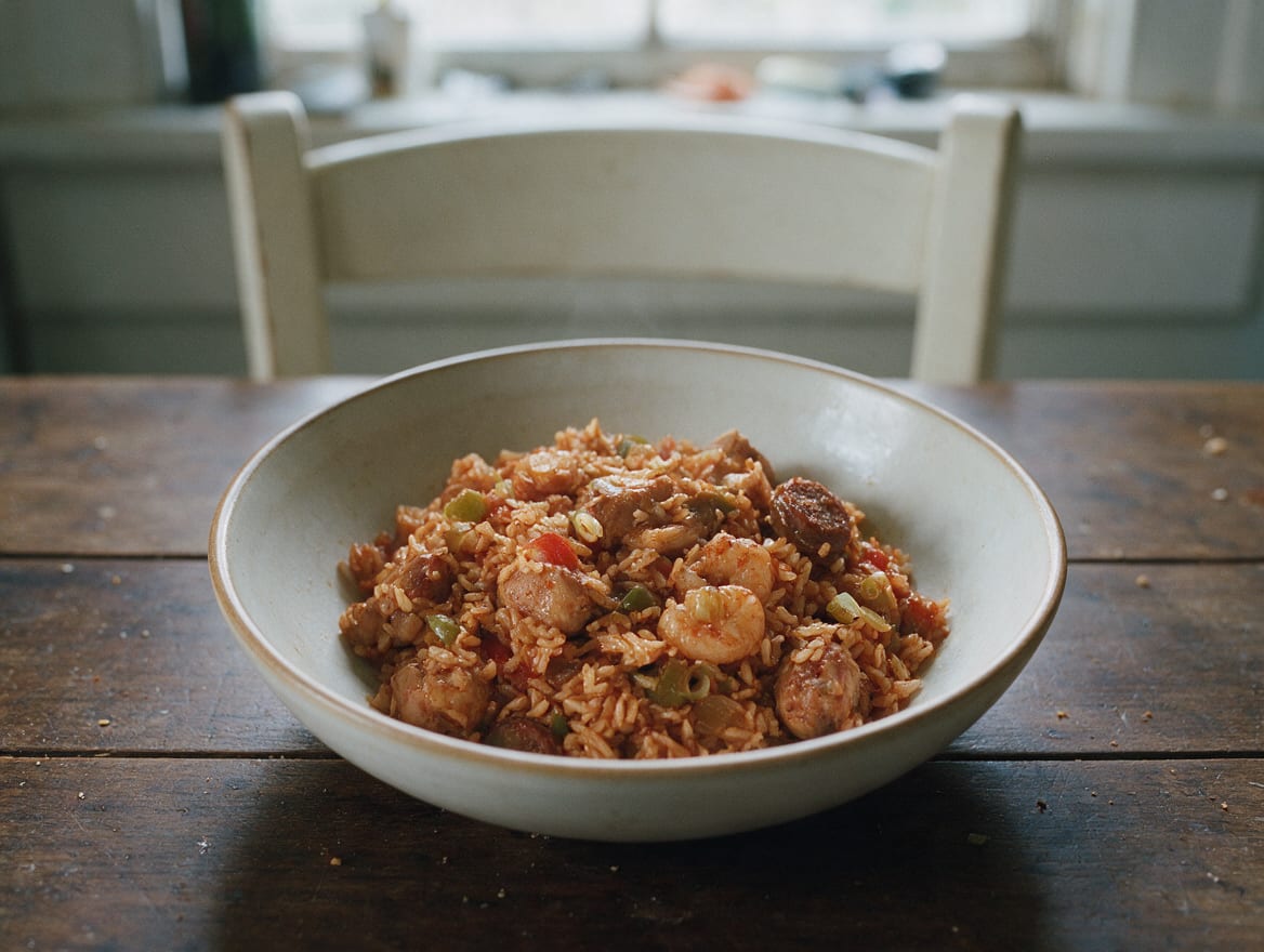 Relatively dry red-brown rice with separate grains, chicken, pink shrimp, and browned andouille distributed through the pot