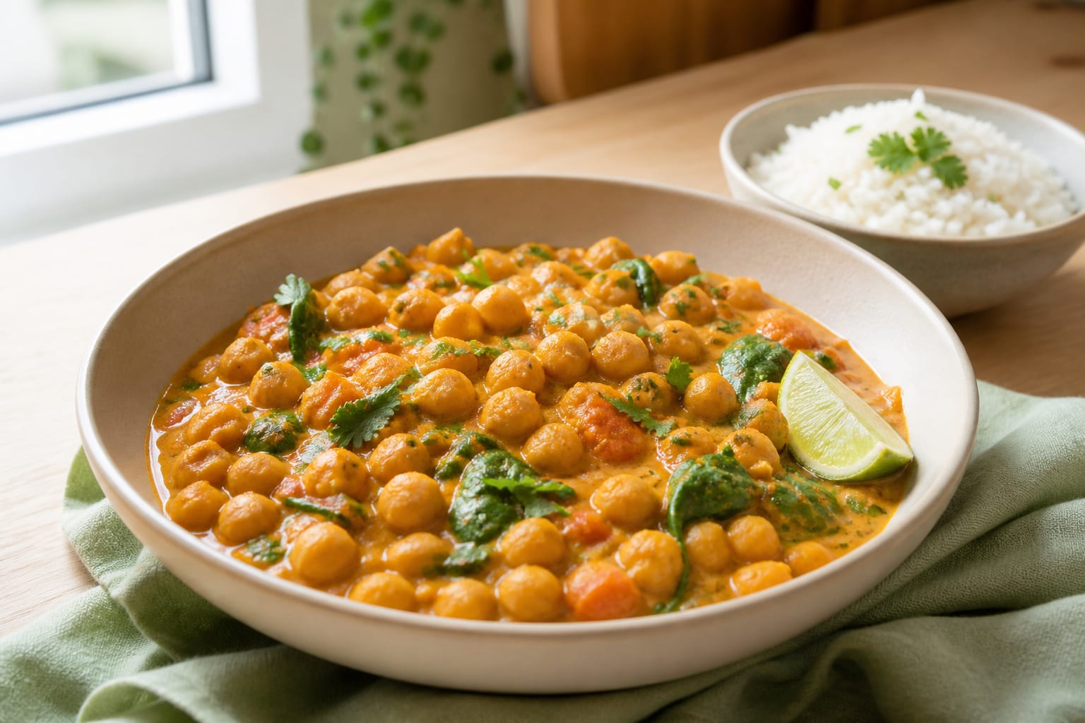 Creamy golden coconut curry full of chickpeas and wilted spinach in a cream bowl, rice softly out of focus behind