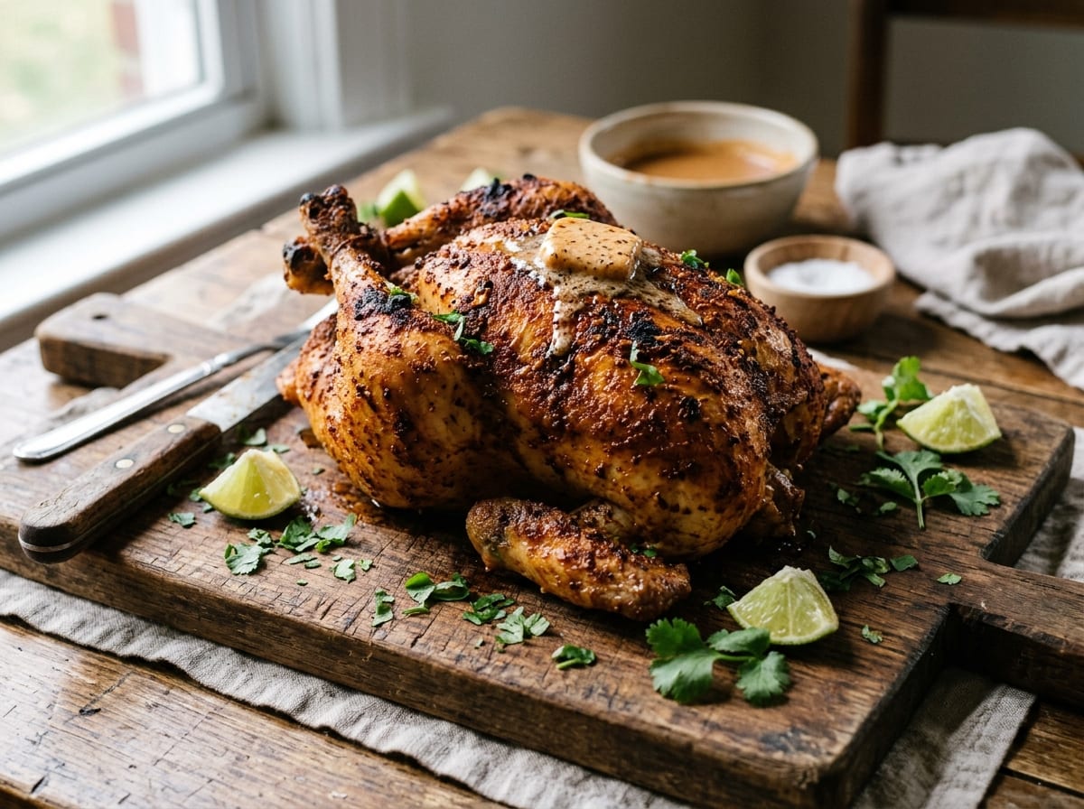 A whole roasted chicken with a reddish-brown chipotle-lime crust on a wooden board, garnished with cilantro and lime wedges, with a pat of chipotle butter melting on top