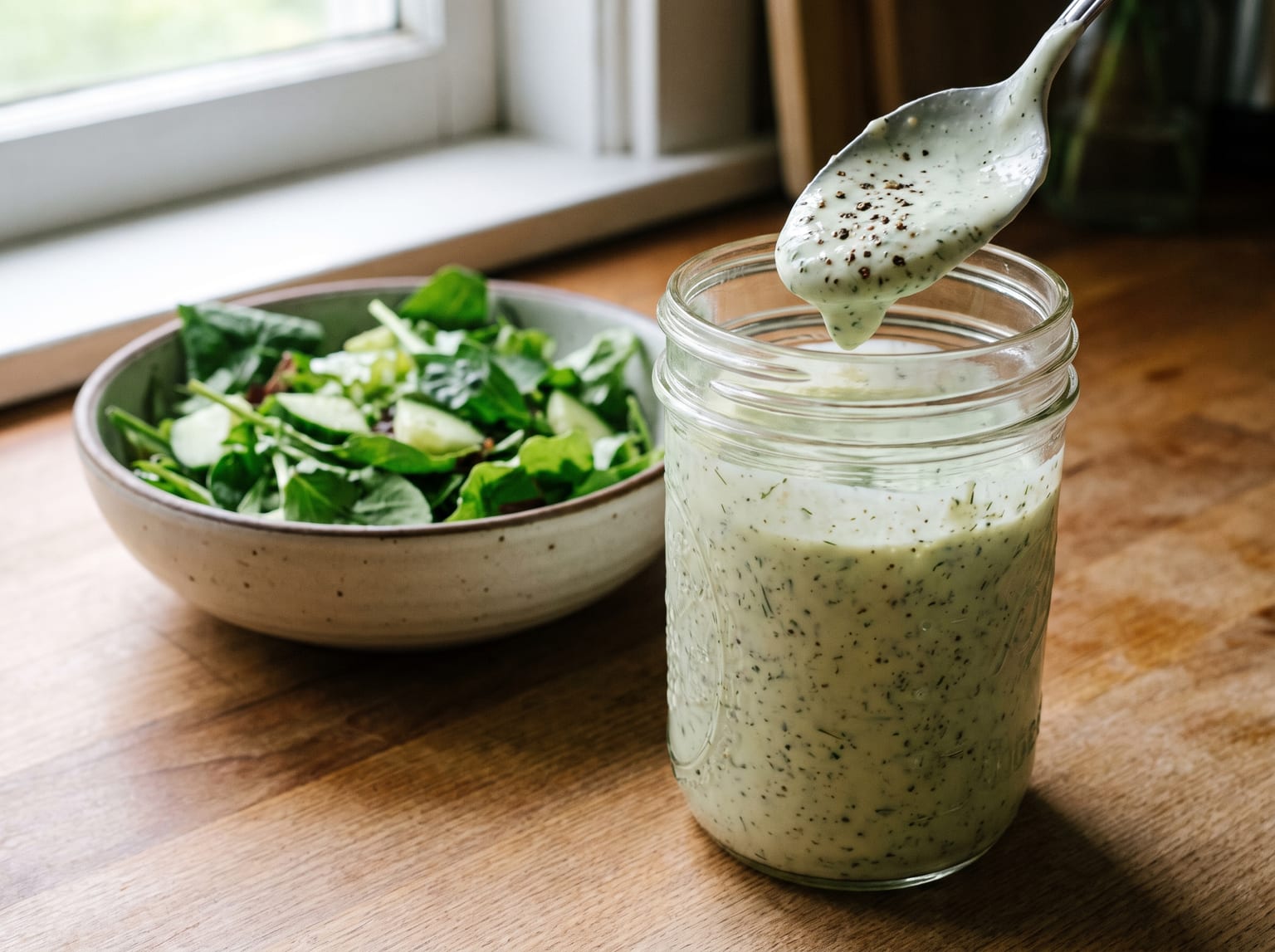 A jar of thick creamy yogurt dressing flecked with dill and coarse black pepper, a spoon lifting some out, with a green salad beside it