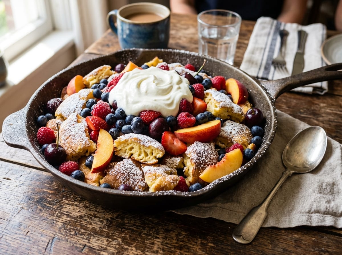 A very large skillet of thick torn golden pancake pieces dusted with icing sugar, piled with fresh berries and a spoonful of whipped yogurt on top