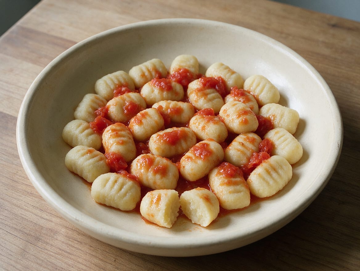 Rows of lightly ridged handmade potato gnocchi on a semolina-dusted wooden board