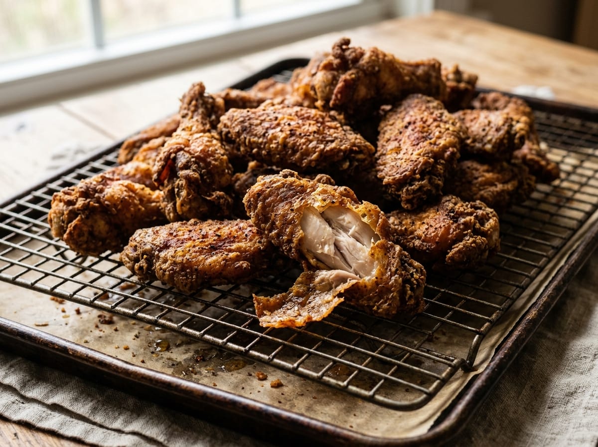 A pile of deeply crisp, blistered golden-brown chicken wings on a wire rack, one wing broken open showing shattering skin and juicy meat