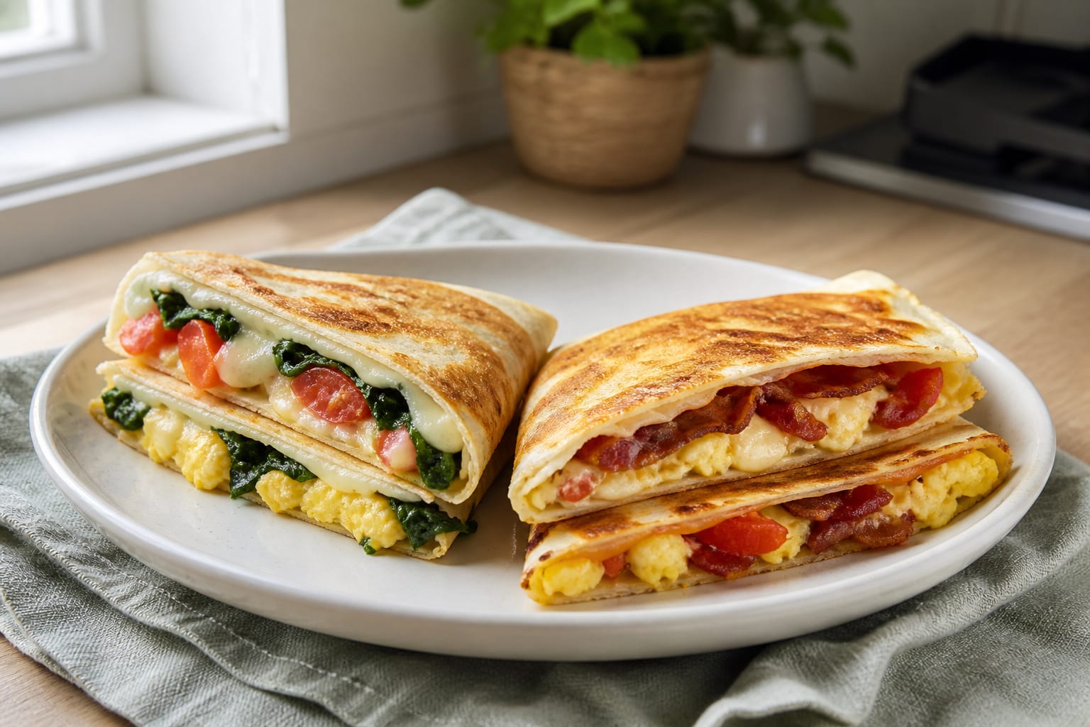 Crispy tortilla breakfast melts, two ways served as a natural-light editorial food photograph