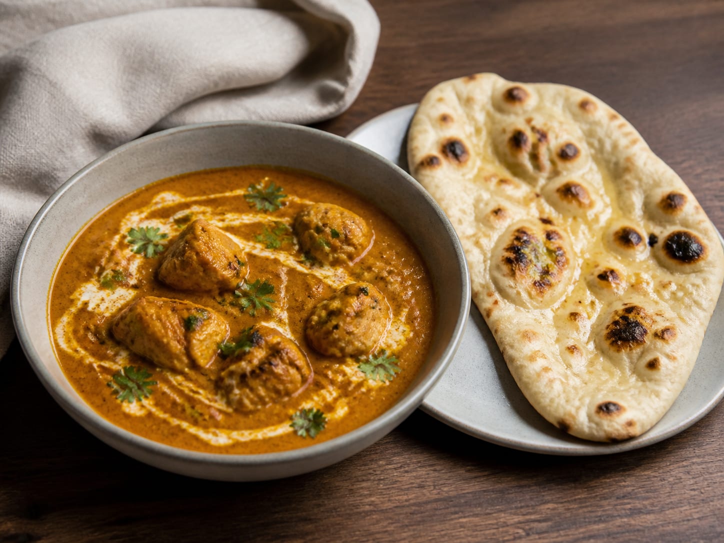 A bowl of deep orange chicken curry with charred homemade nigella naan folded alongside