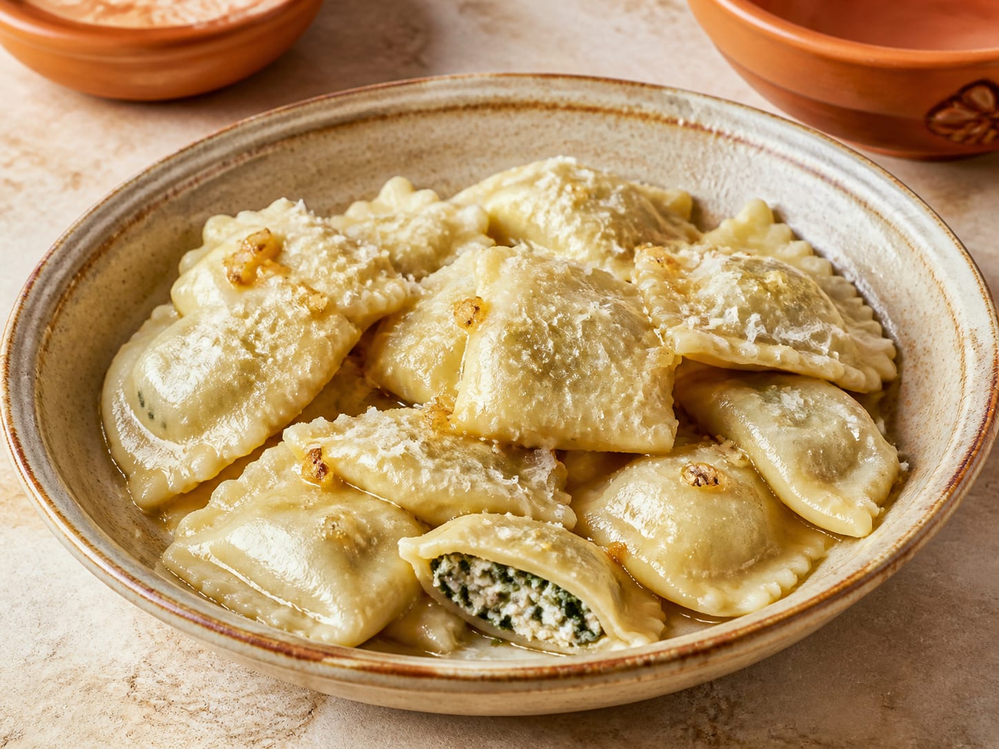 Ravioles: Cypriot halloumi and mint pasta served as a natural-light editorial food photograph