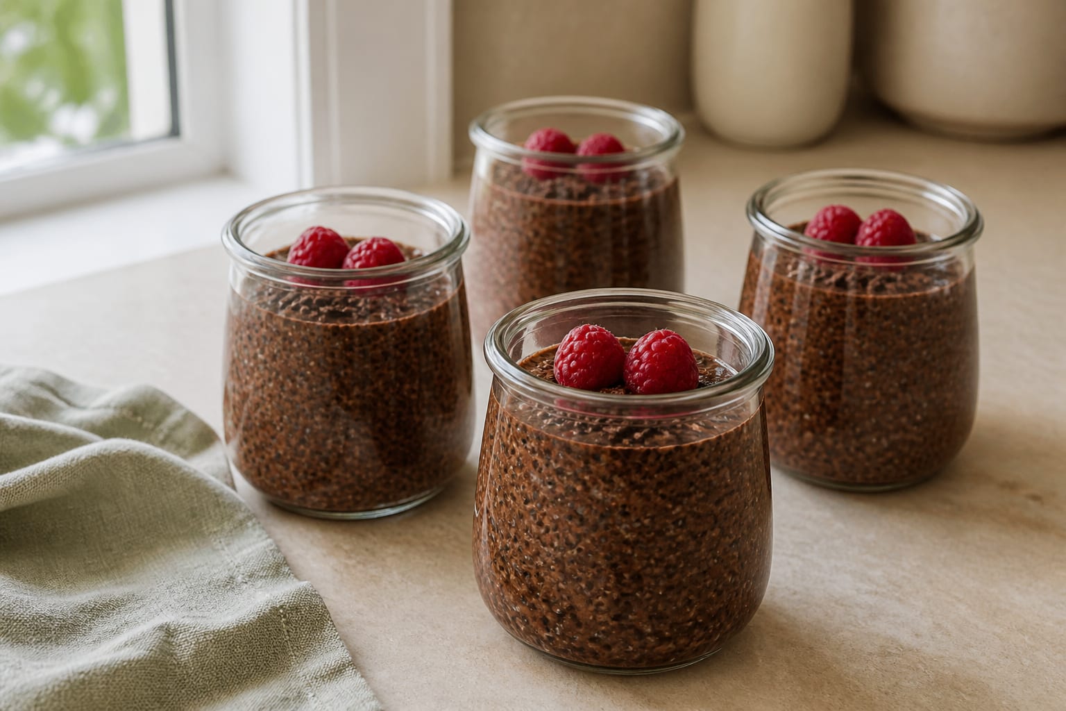 Four small glass jars of dark chocolate chia pudding with a restrained garnish of raspberries and finely shaved dark chocolate in natural window light