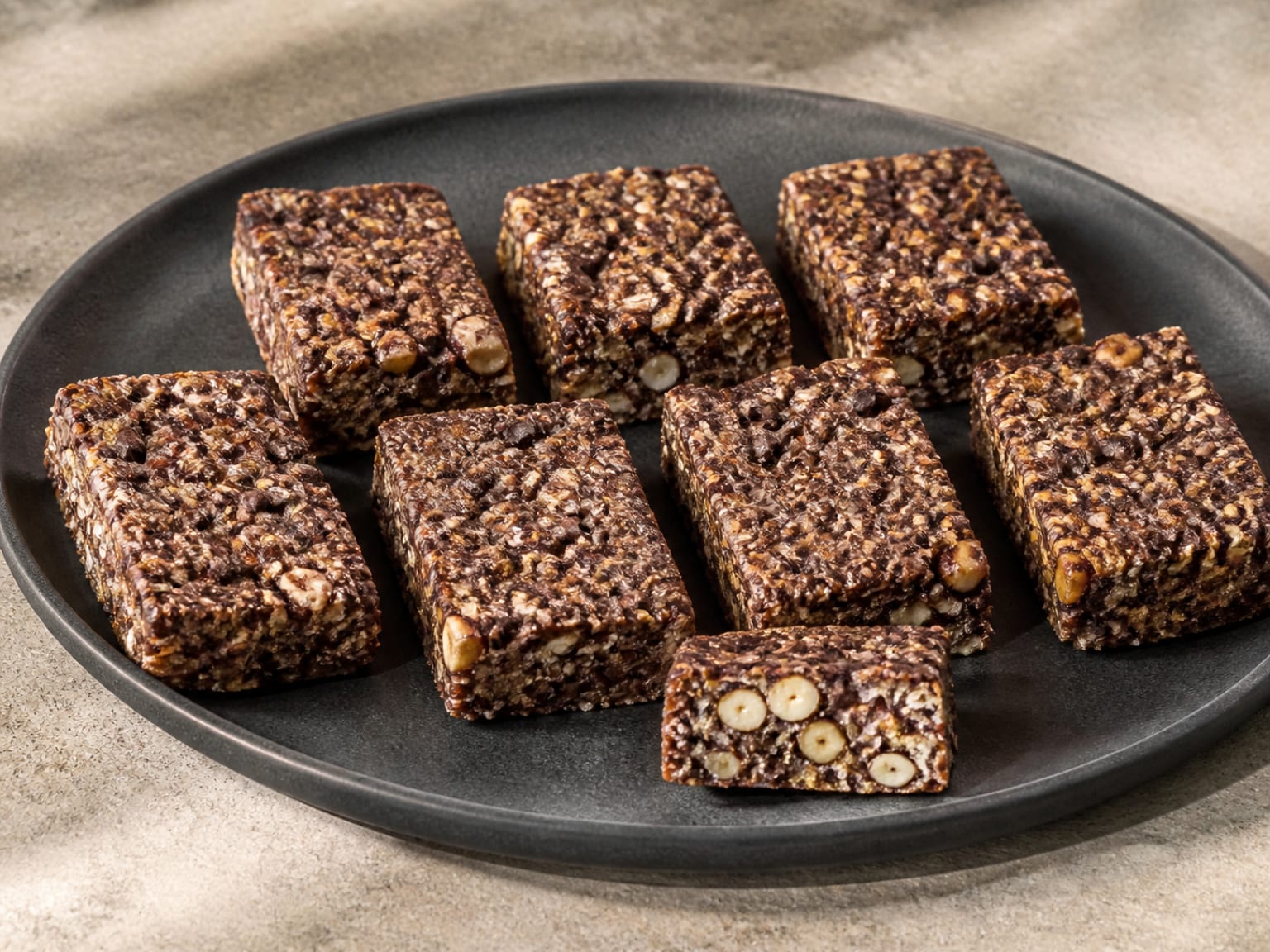 Cocoa oat bars with toasted hazelnuts, cocoa nibs and small dark chocolate pieces