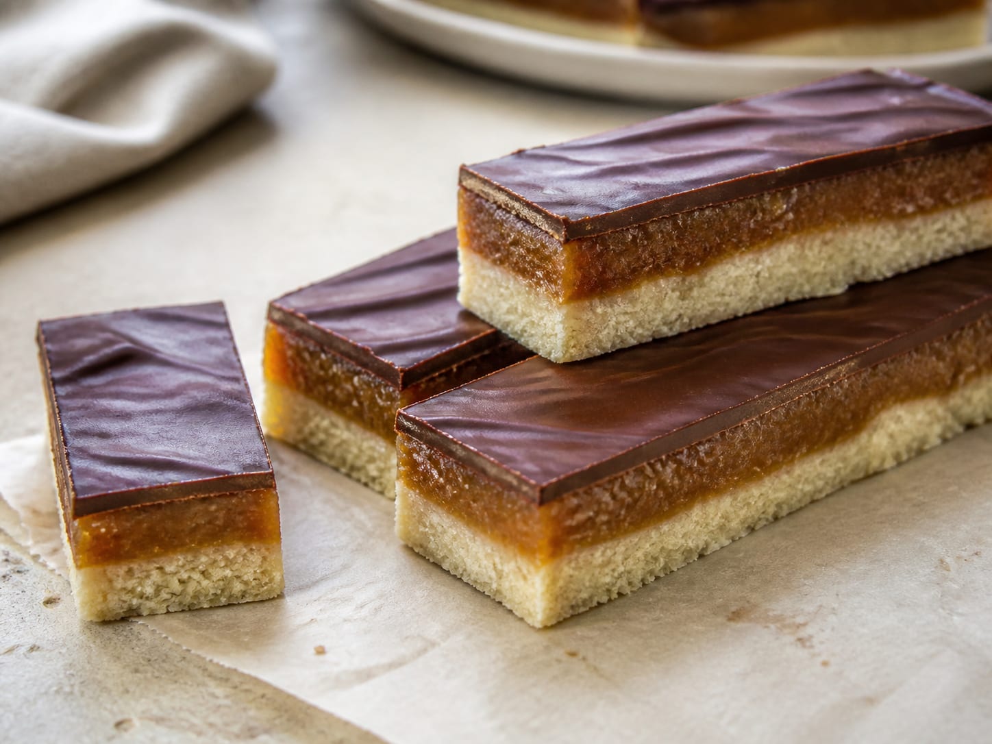 Date-caramel Twix-style bars arranged on parchment