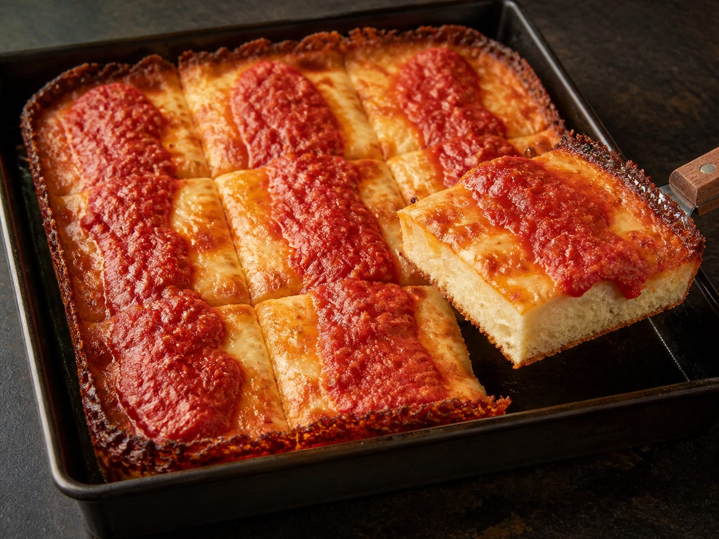 Rectangular Detroit-style pizza with dark crisp cheese edges and three red sauce stripes