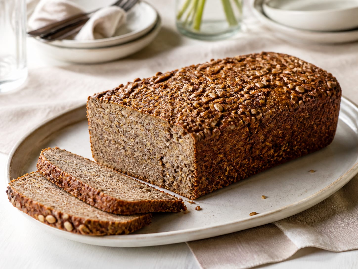 Dinkelkeimbrot, plated for serving