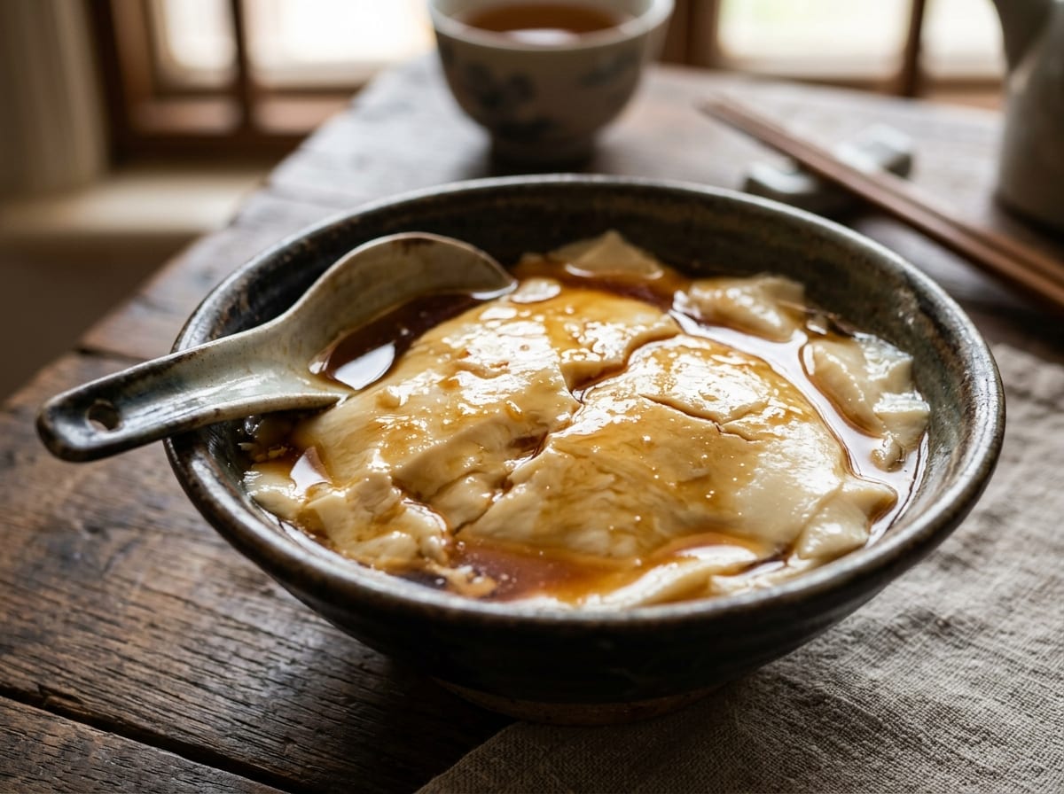 A glass bowl of soft white tofu pudding scooped into thin shards, sitting in a pool of amber ginger syrup with a few ginger slices