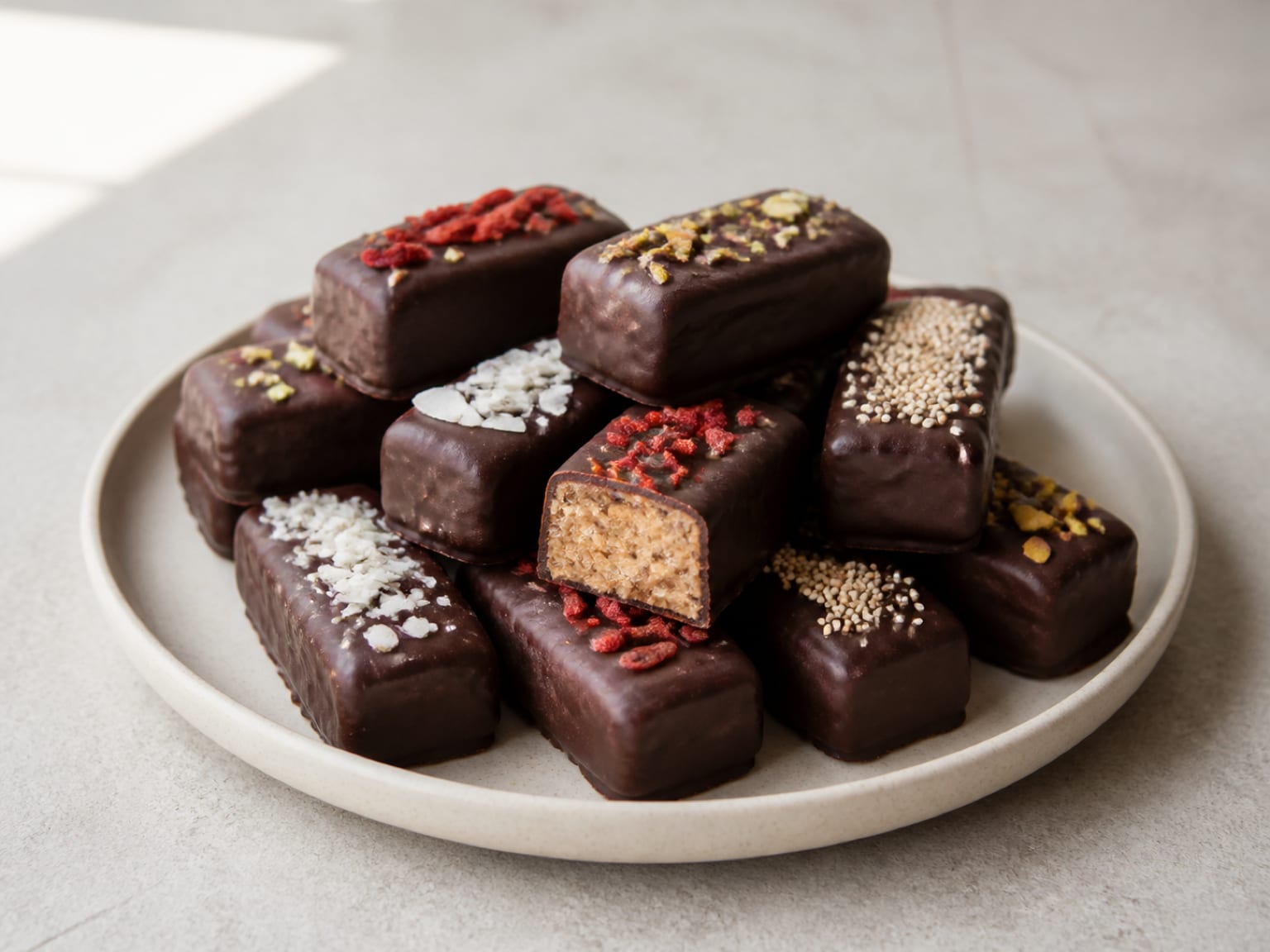 Dark-chocolate-coated protein bars with pistachio, goji, coconut and quinoa-puff toppings