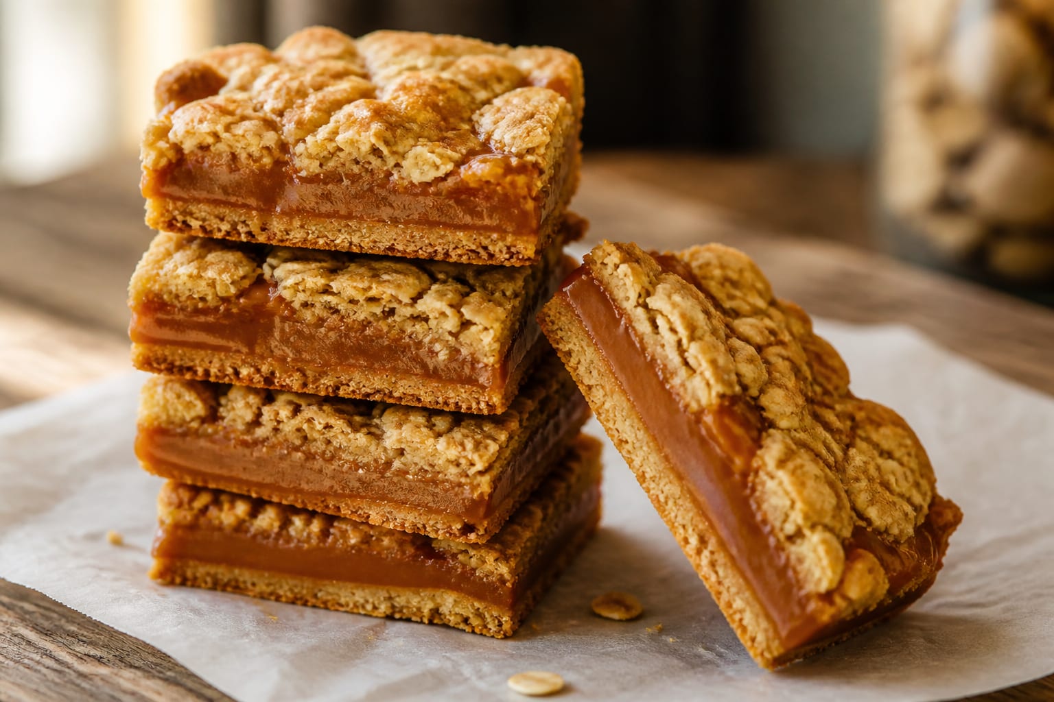 Dulce de leche oatmeal bars arranged for serving