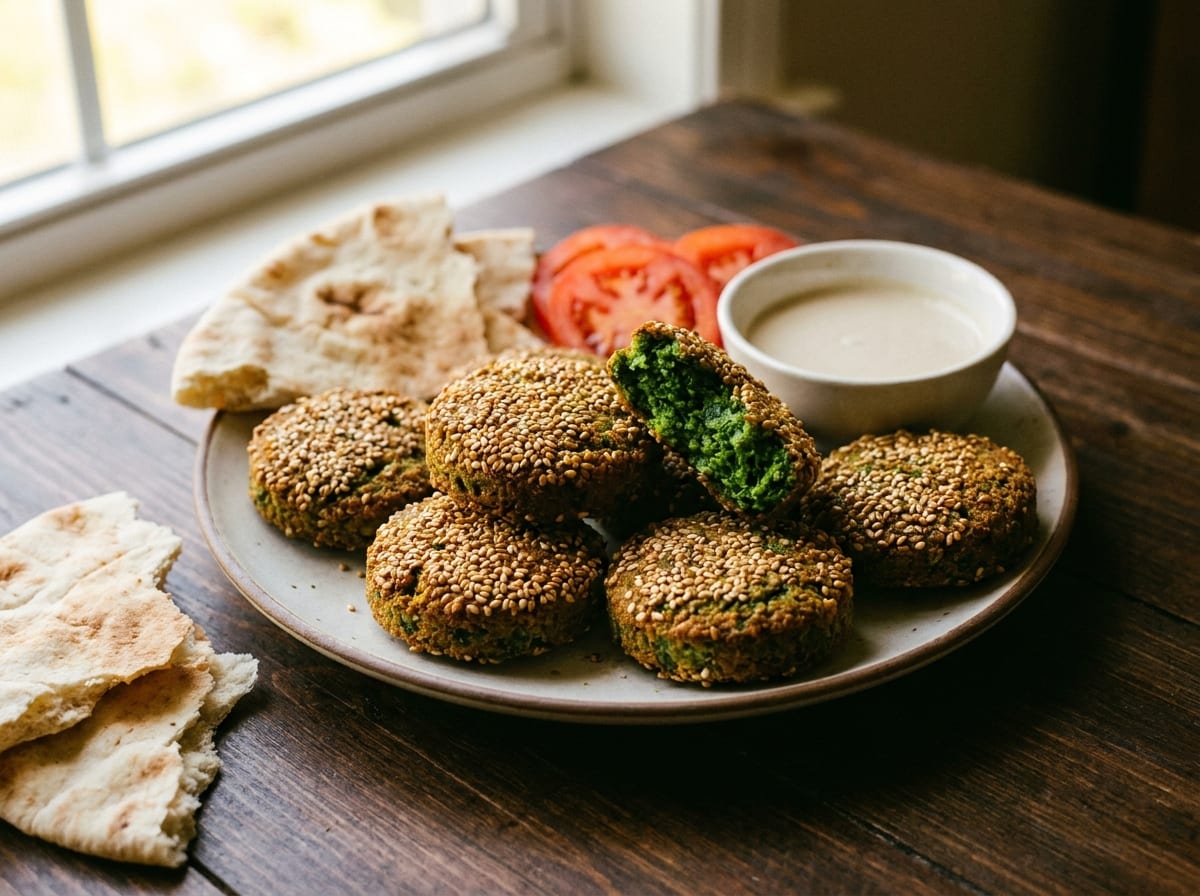 Flat sesame-crusted ta'ameya patties, one broken open to show a vivid green interior, served with flatbread and tomato