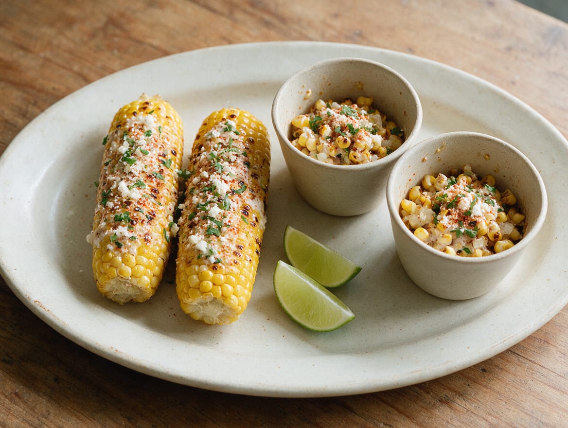 Charred elote cobs and warm esquites cups side by side, both topped with lime crema, crumbled cotija, mild chile, and cilantro