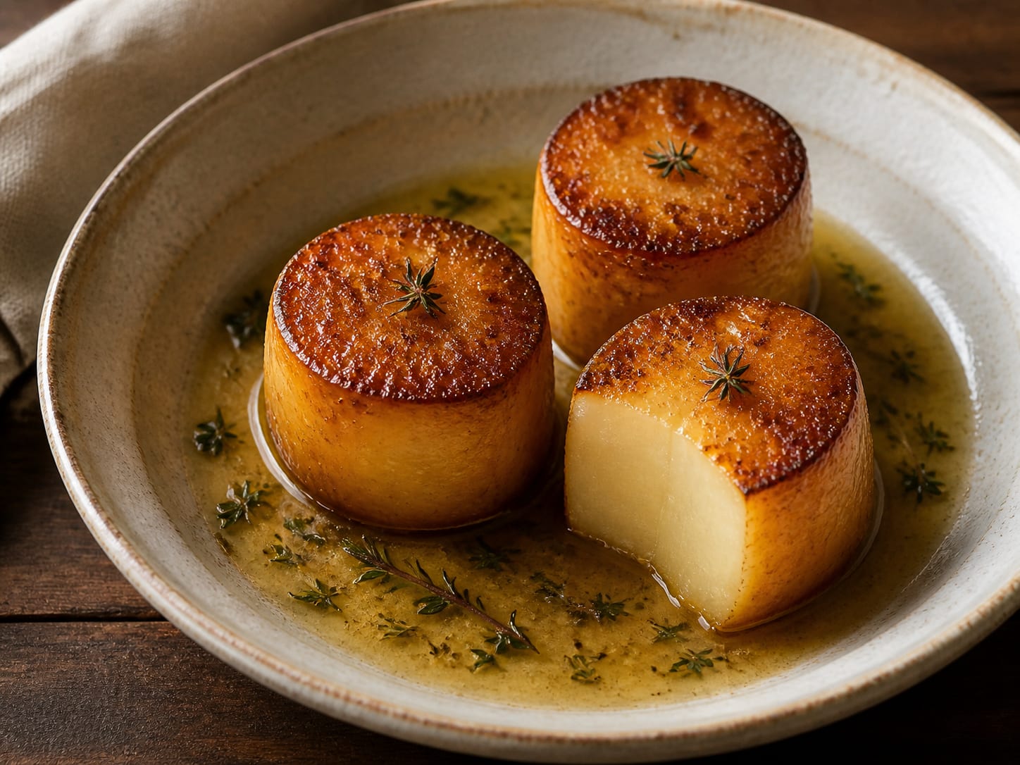 Five tall golden fondant potatoes in a shallow pan with butter, thyme, garlic, and glossy stock