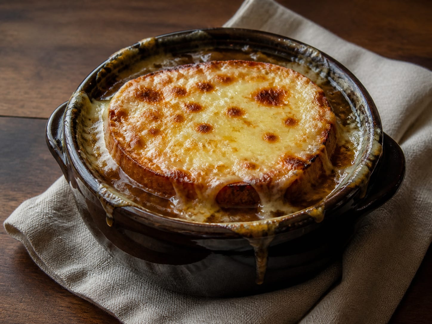 Six-portion French onion soup in a cream crock under bubbling browned Comte and baguette