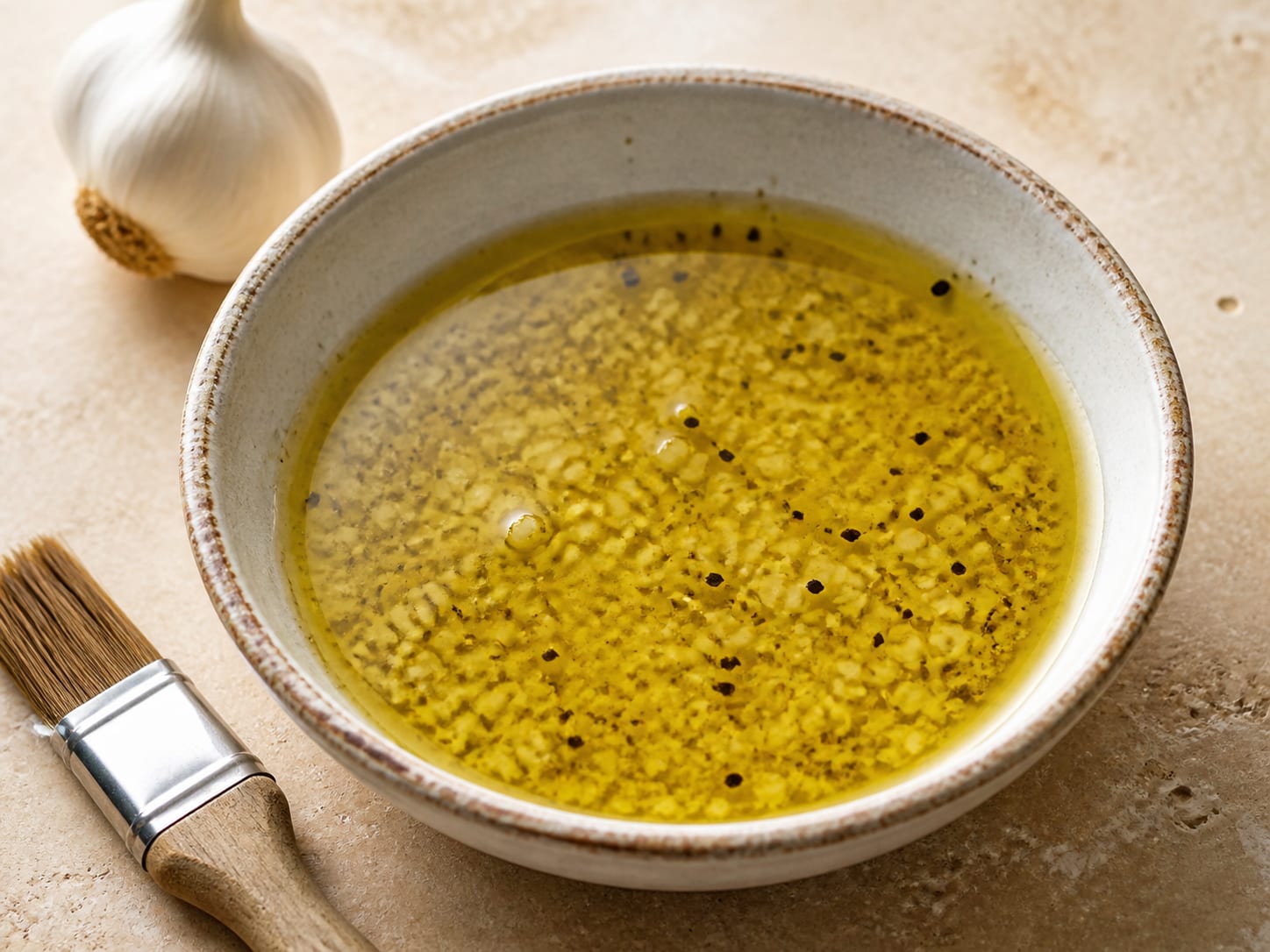 Freshly grated garlic suspended in golden olive oil in a small preparation bowl