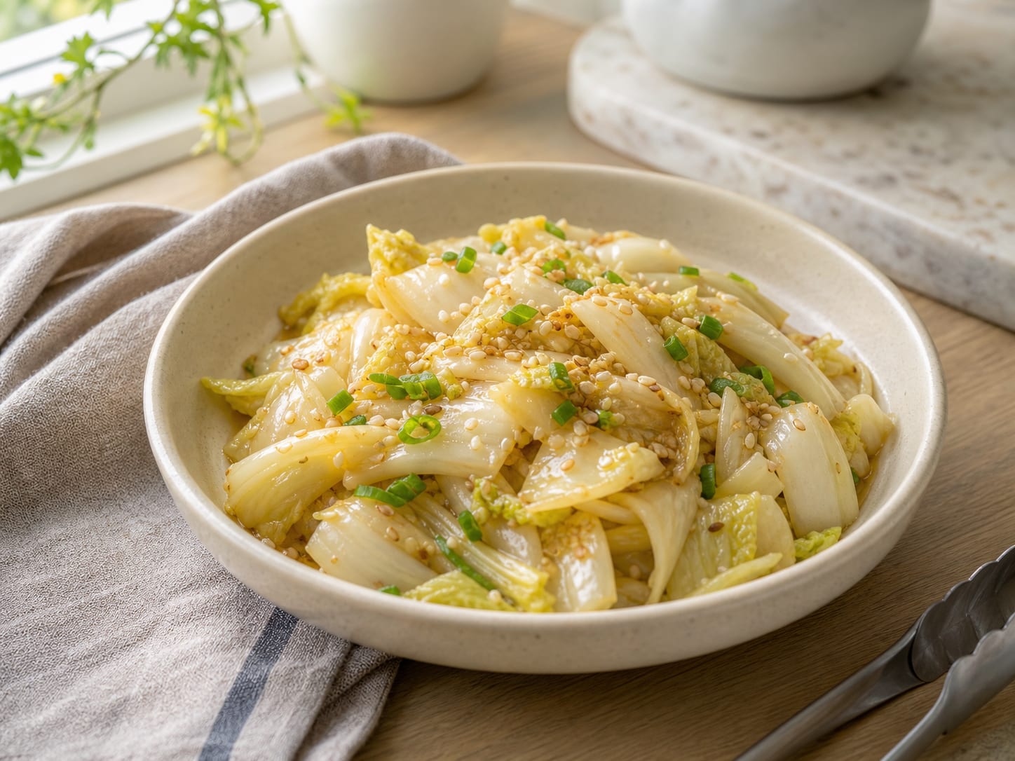 Wilted napa cabbage ribbons in a cream bowl with slivers of golden garlic, glossy from sesame oil