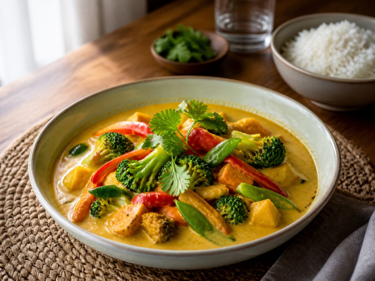 Gemüse-Curry mit Kokosmilch, plated for serving